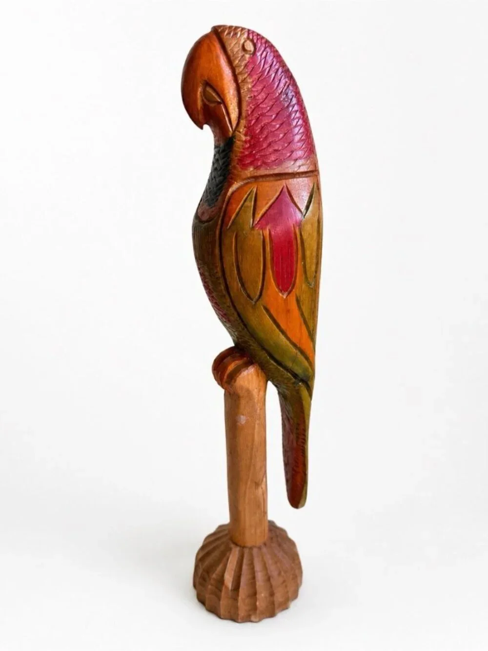 Vintage Hand Carved Wooden Parrot Sculpture 18” Tropical Folk Art Bird Coastal